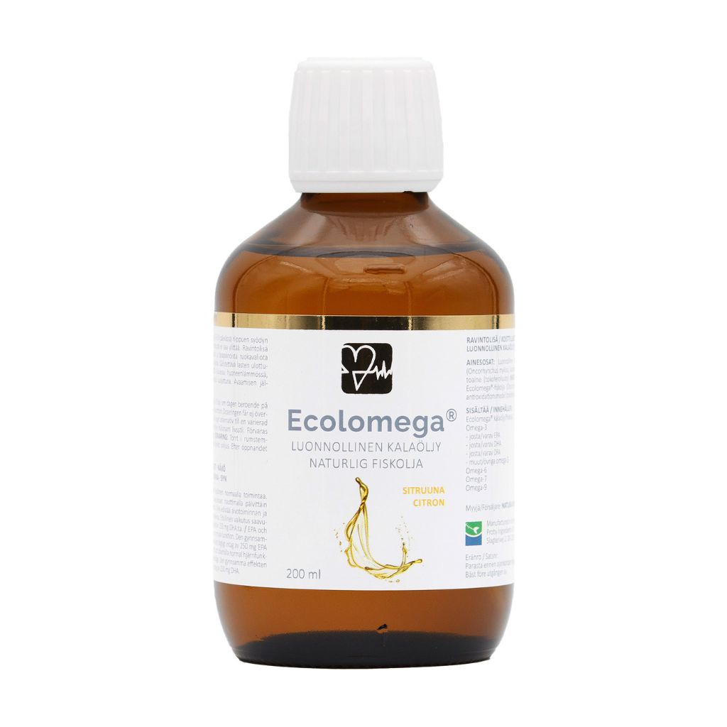 Ecolomega nestemäinen kalaöljy sitruuna 200 ml - Natura Media Natura Media Ecolomega nestemäinen kalaöljy sitruuna 200 ml